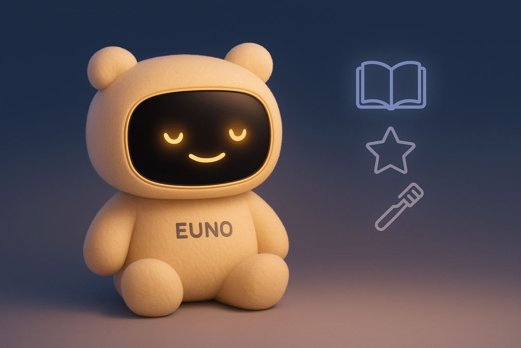 Une technologie éthique et respectueuse de la vie privée Aucun cloud, aucune publicité, aucun micro permanent. Euno fonctionne selon des principes de sobriété numérique et de respect des données personnelles : ● Toutes les données restent locales (ou chiffrées si cloud optionnel), ● Les caméras et micros sont désactivables à tout moment, ● Aucun usage commercial n’est fait des informations de l’enfant ou des parents. La confiance est au cœur de notre approche. Vous savez exactement ce que fait Euno — et ce qu’il ne fait pas.
